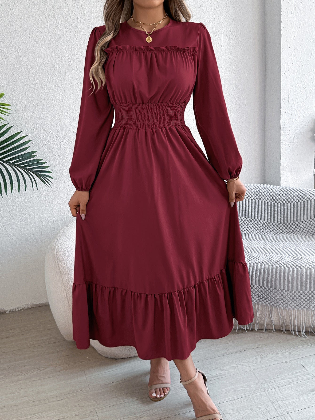 Autumn Winter Solid Color Elegant Wooden Ear Cinched Pleated Maxi Dress Women Clothing by Ragazza
