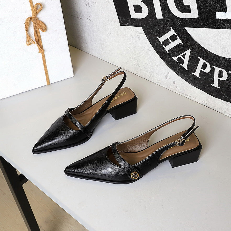 Retro Brown Camellia Pumps Word with Chunky Heel Low Heel Back Empty Back Strap Women Shoes DestGlow