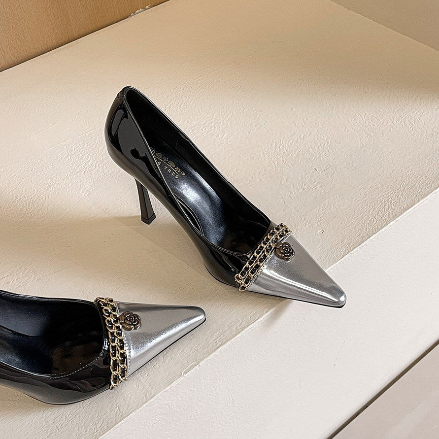 Design Color Matching Metal Chain Super High Heels Stiletto Pointed Toe Camellia Chanel Shoes DestGlow