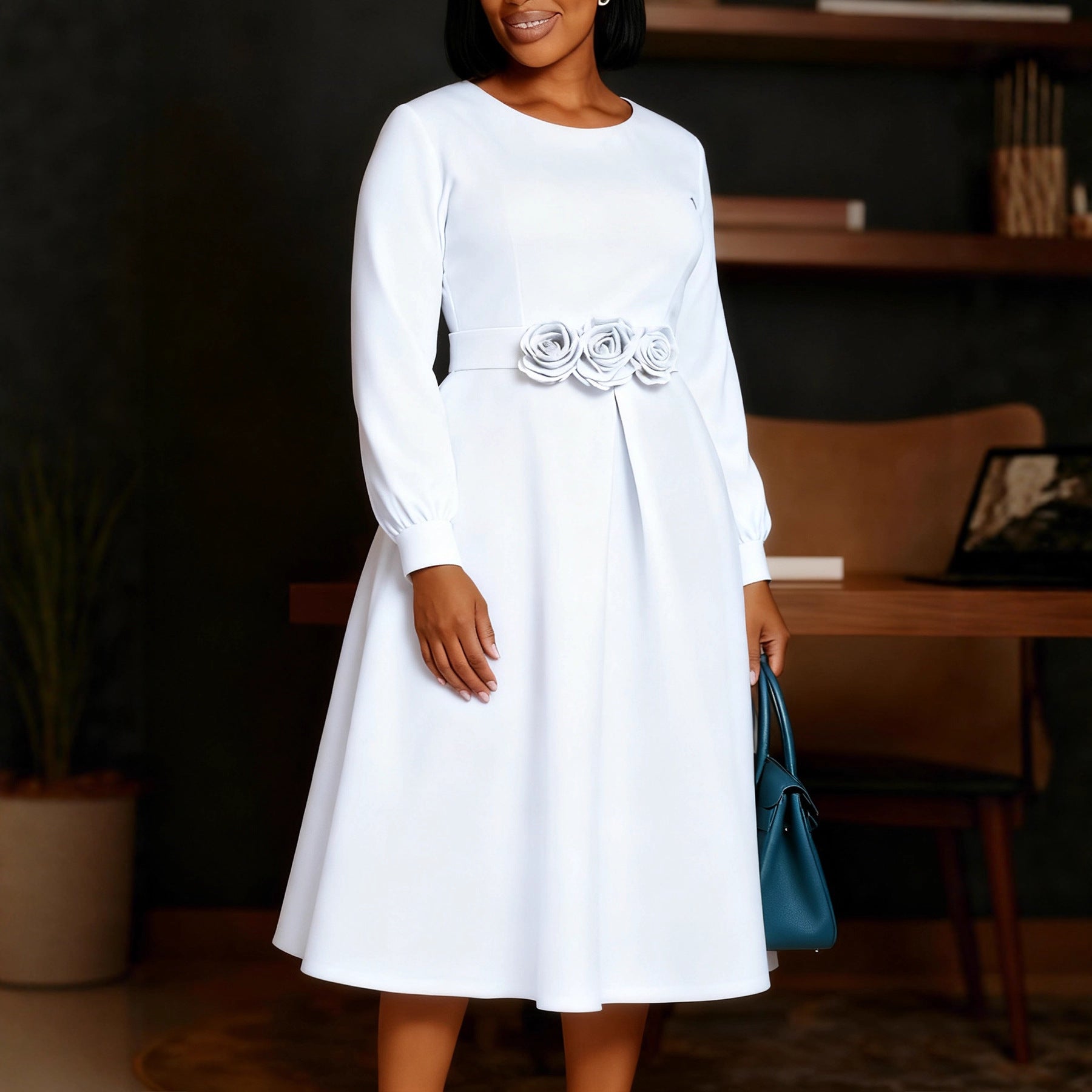 Women Clothing Autumn Winter Dress Solid Color round Neck Floral Swing Dress by Ragazza