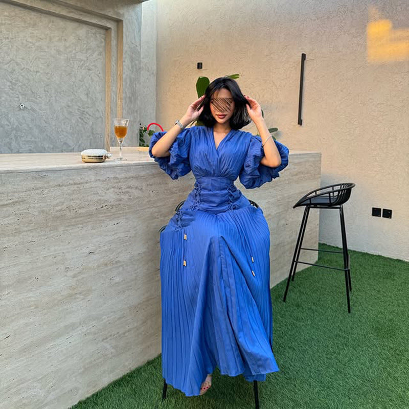 French Personalized Puff Sleeve Design V neck High Waist Tight Waist Design Maxi Dress Autumn Solid Color Women Dress by Ragazza