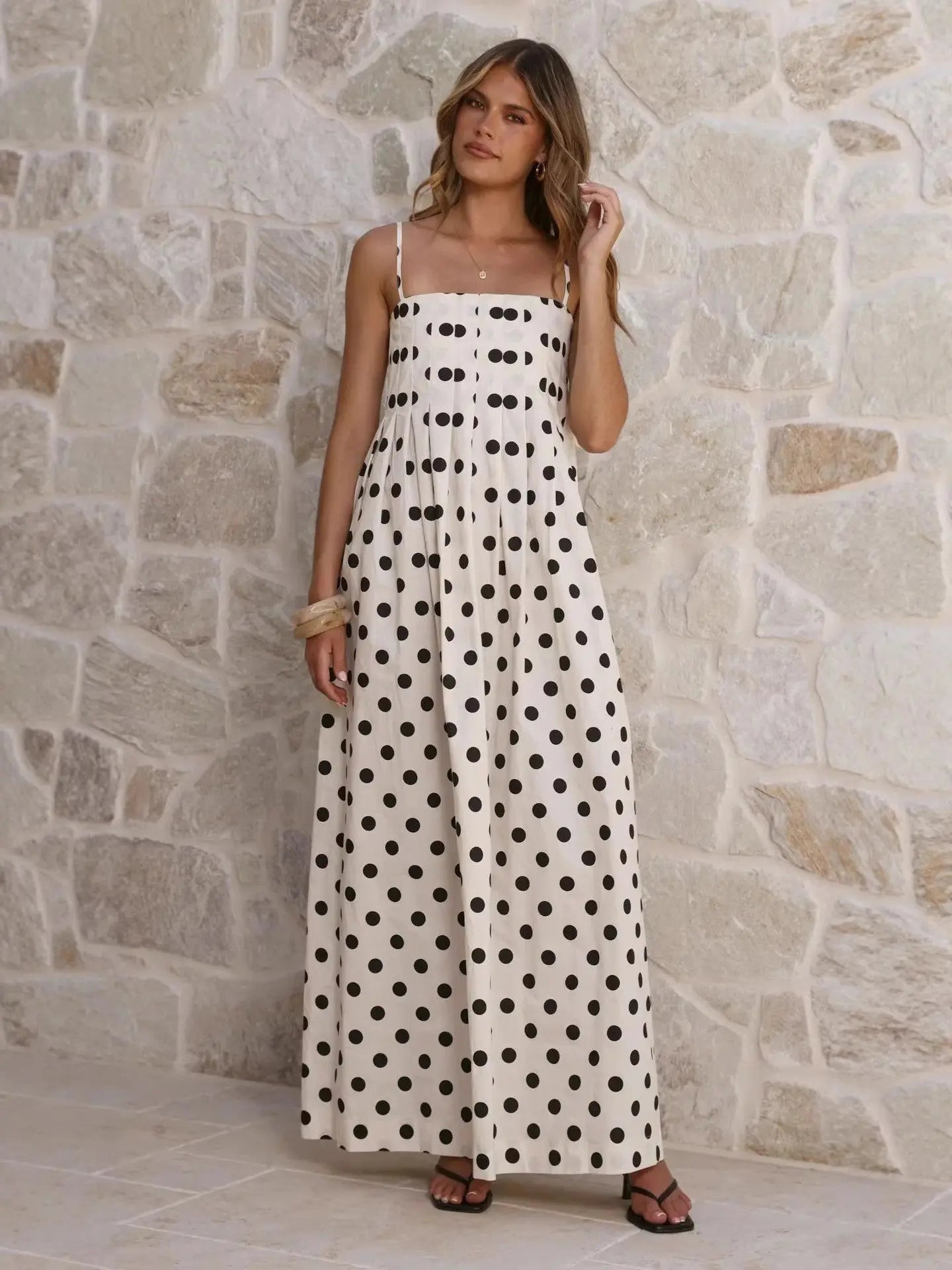 Summer Polka Dot Printed Pleated Craft Sweet Spaghetti Strap Mid Length Dress