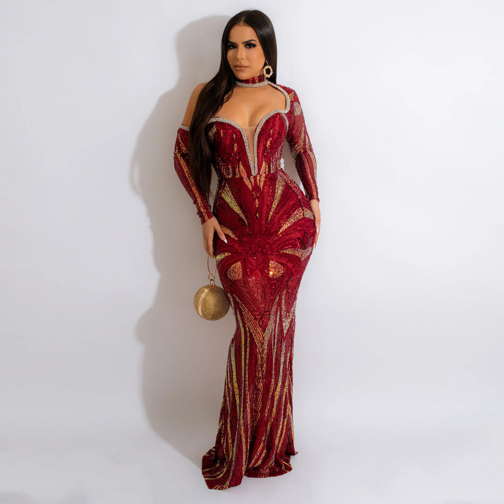 V Neck Halter Sequined Dress Women Slim Fit Host Party Women by Ragazza