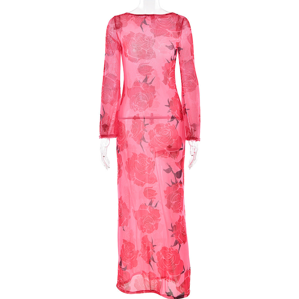 Sexy See through Mesh Floral Print Dress Lazy Casual Wild Dress by Ragazza