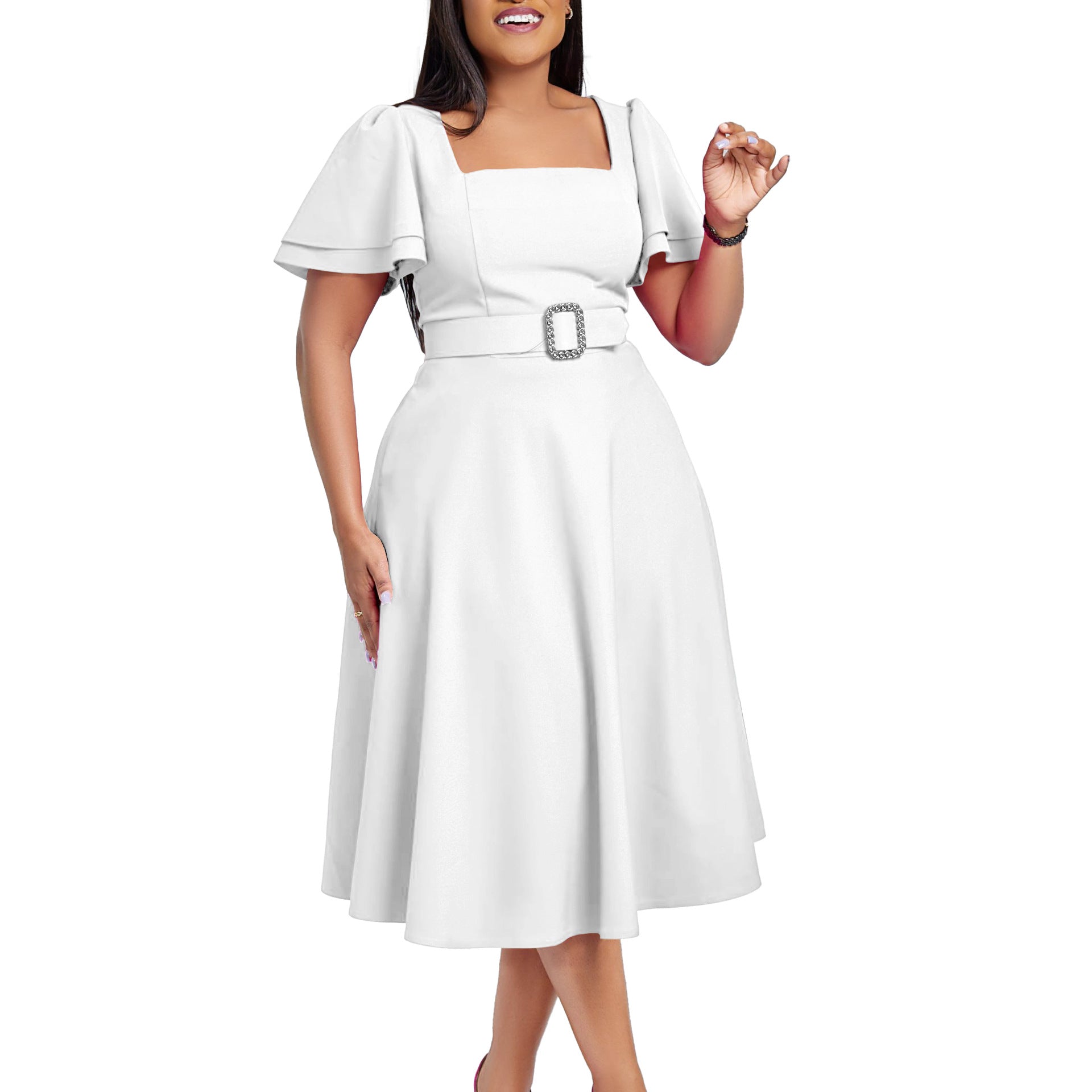 Women Clothing Flared Sleeves Square Collar High Waist Solid Color Elegant Dress by Ragazza