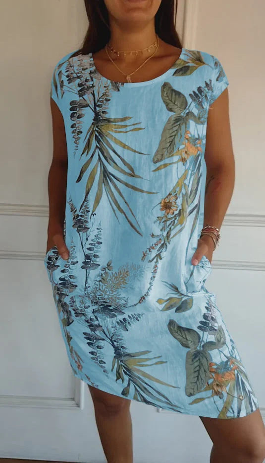 Women Clothing Summer Cotton Linen round Neck Printed with Pocket by Ragazza