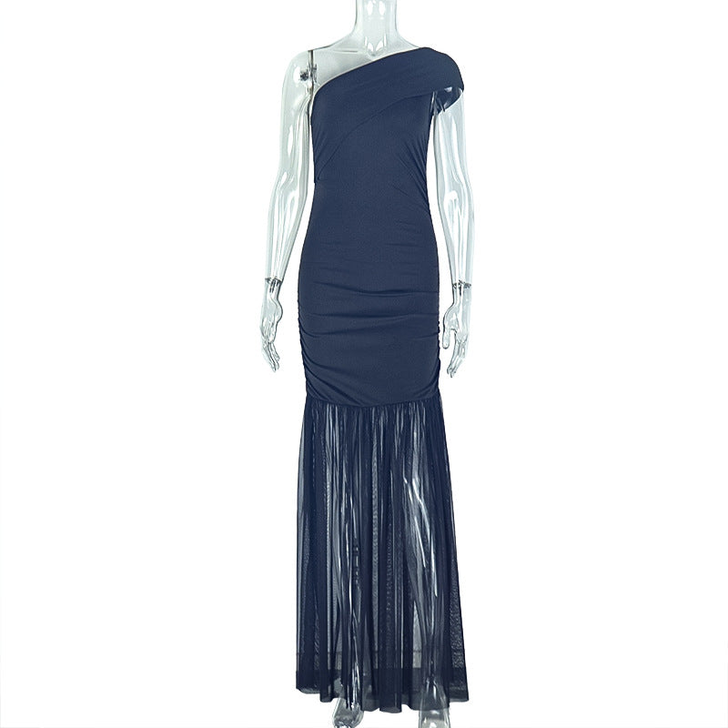 Fresh Solid Color Women Clothing Pleated Waist Tight Asymmetric One Shoulder Oblique Leader Split Length Dress by Ragazza