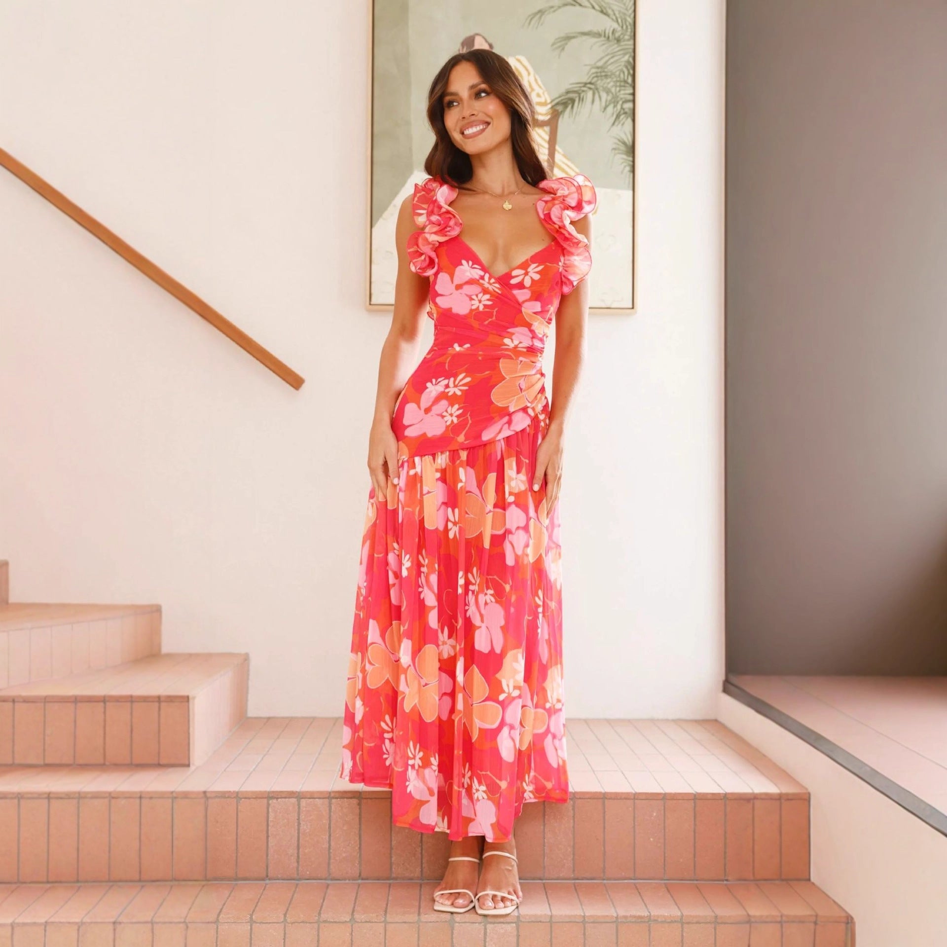 Summer Women Clothing opposite Sex Collar V neck Dress Sexy Slit Pleated Backless Dress by Ragazza