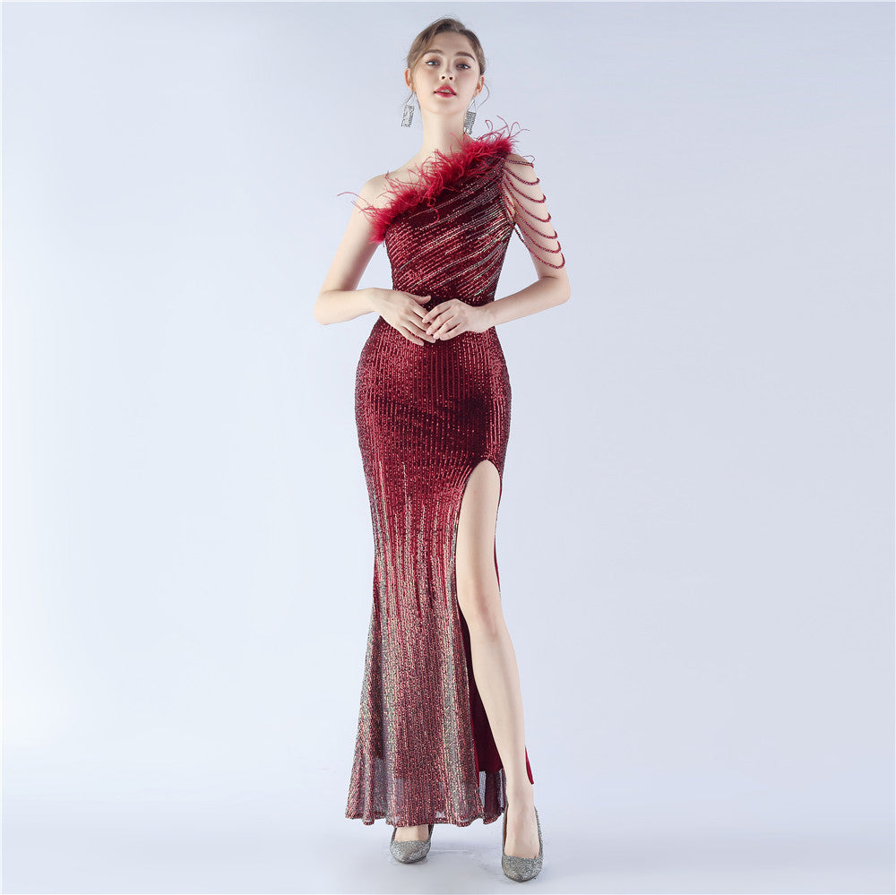 Gradient Sequin Craft Beaded Ostrich Feather Diagonal Collar One Shoulder Long Evening Dress by Ragazza