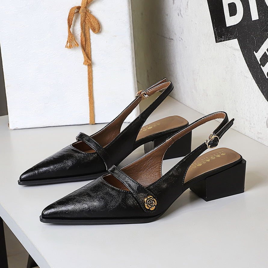 Retro Brown Camellia Pumps Word with Chunky Heel Low Heel Back Empty Back Strap Women Shoes DestGlow