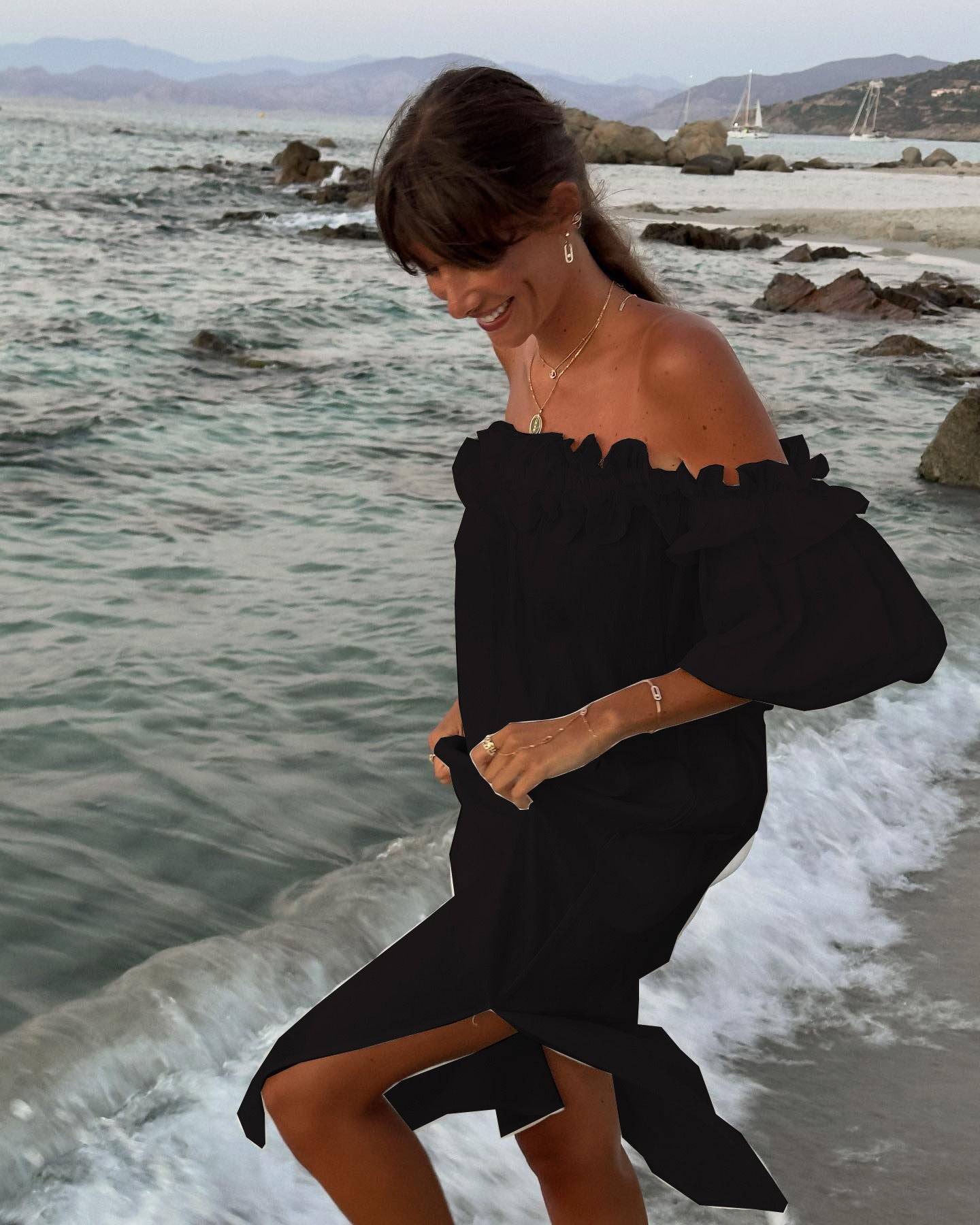 Solid Color Cotton Linen Sexy of Neck Split Holiday Dress Women by Ragazza