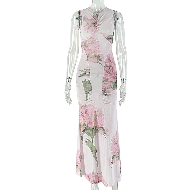 Office Women Elegant Printed One Step Hip Dress V neck Sleeveless Maxi Dress by Ragazza