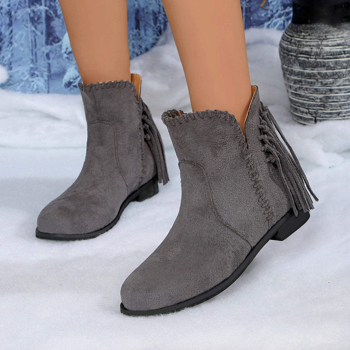 Women Shoes Autumn Winter Woven Tassel Suede round Toe Sleeve Low Heel Chelsea Ankle Boots DestGlow