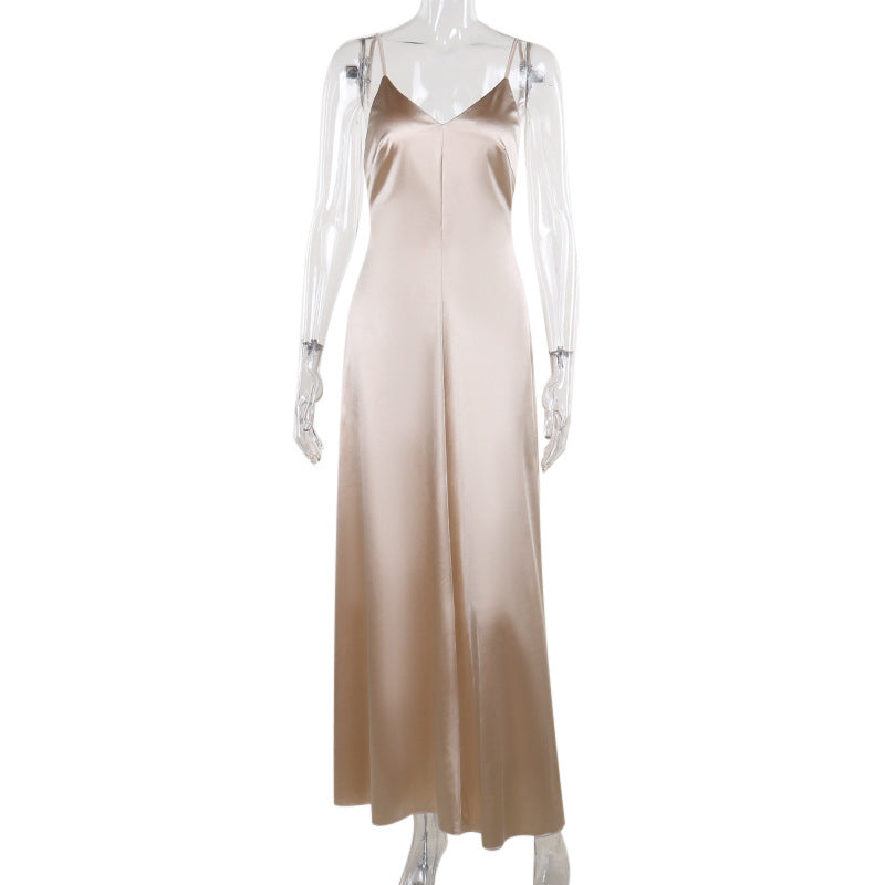 Fall Maxi Dress Socialite Sexy V neck Backless Satin Strap Dress DestGlow