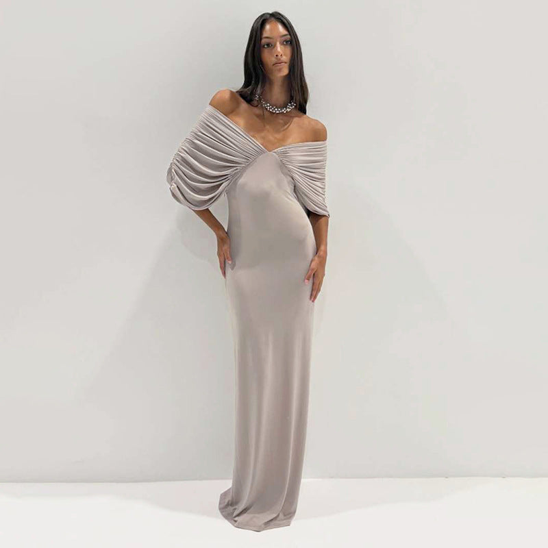 Spring Women Clothing Sexy off Neck Sleeve Slim Solid Color Maxi Dress Women DestGlow