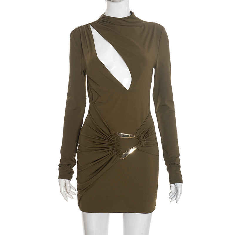 Women Clothing Autumn Winter Solid Color Slim Fit Elegant Hollow Out Cutout Pleated Long Sleeve Mini Short Dress by Ragazza