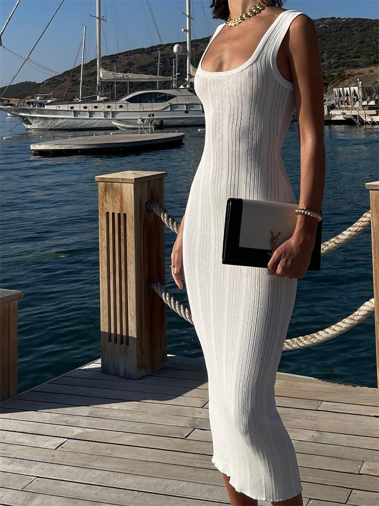 Sunken Stripe Tight Square Collar Dress Sleeveless Tight Fitting Solid Color Summer Sexy Mid Length Knitted Dress DestGlow