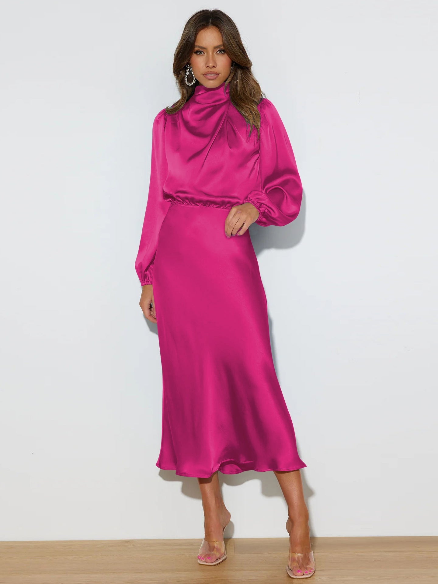 Autumn High Grade Satin Long Sleeve Loose Dress Elegant Women Evening Dress by Ragazza