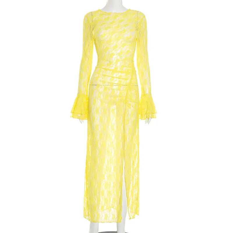 Women Clothing Autumn Sexy Lace Flared Sleeve Slit Dress