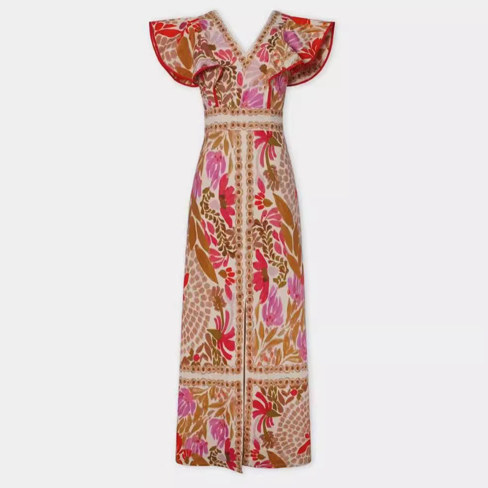 V neck Flounce Slit Positioning Floral Backless Dress by Ragazza