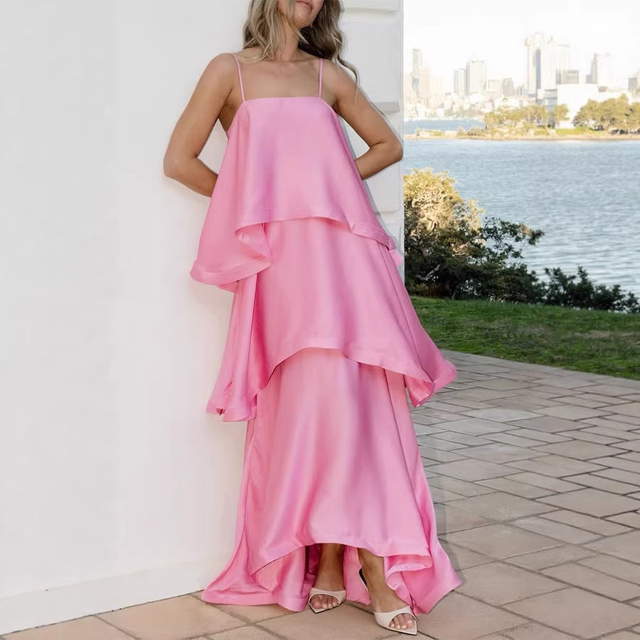 Spring Summer Satin Sling Multi Layer Dress Casual Loose Vacation Dress DestGlow