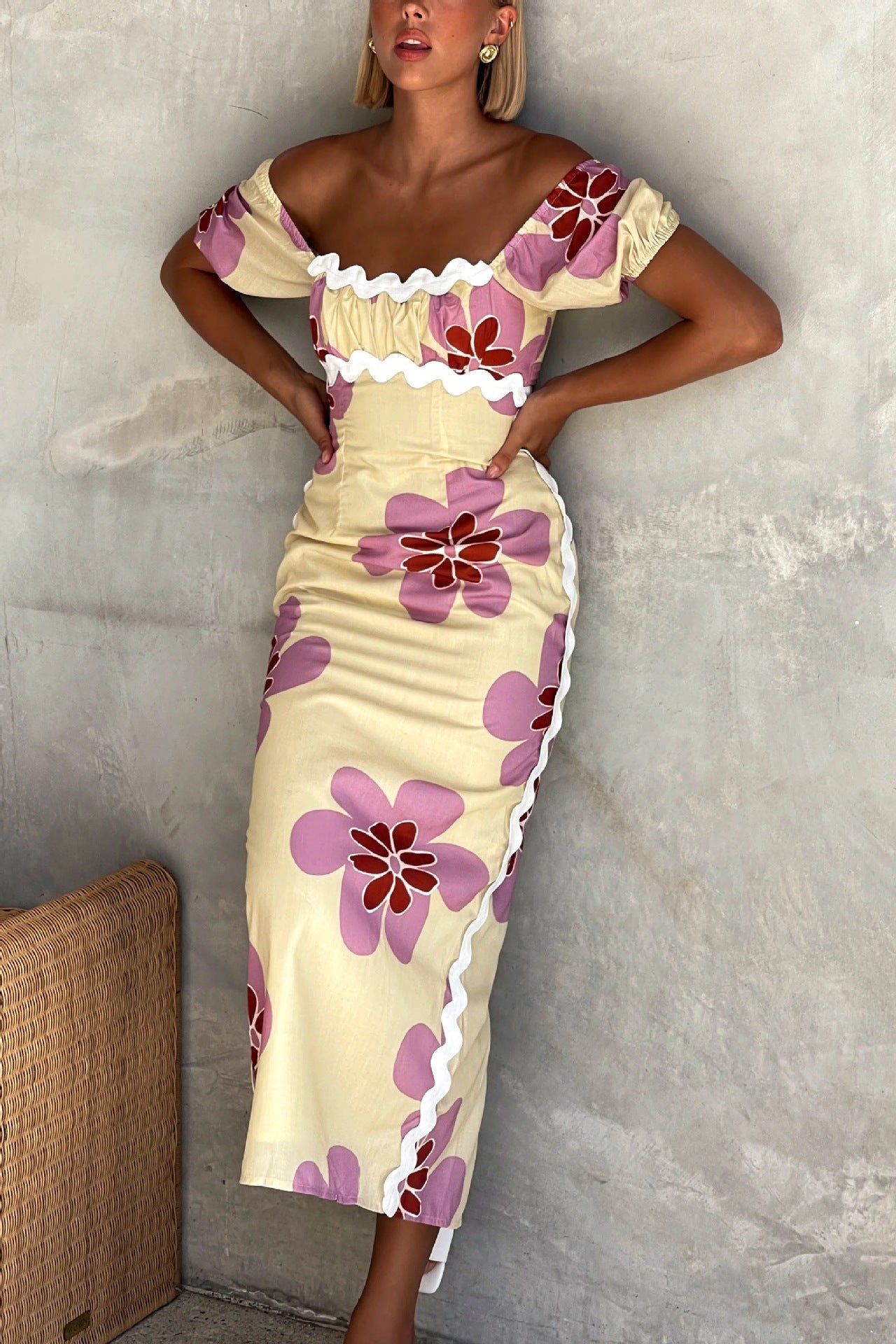 Spring Summer Linen Printing Dress Split Holiday Dress Dress Women by Ragazza