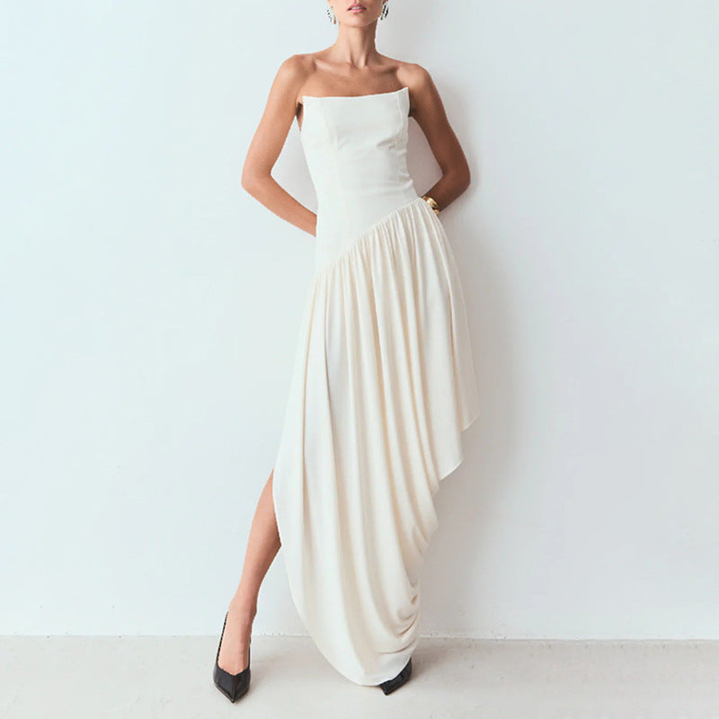 Elegant Sexy Pleating Dress Women Sleeveless Tube Top Design Irregular Asymmetric Dress Solid Color Dress DestGlow