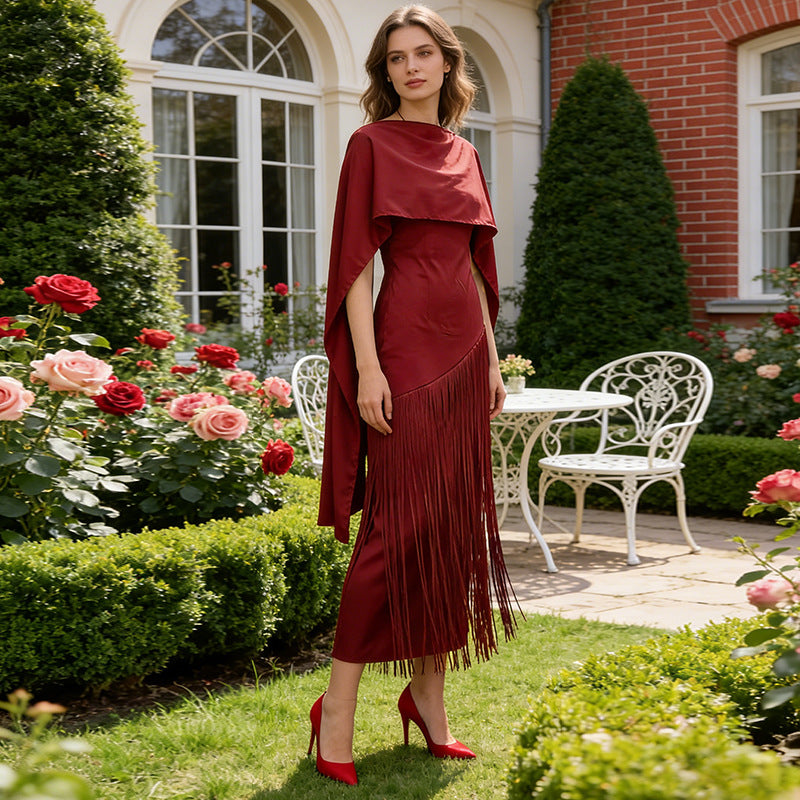 Spring Elegant Retro Faux Two Piece Long Skirt Shawl Design Tassel Dress Swing Dress Women by Ragazza