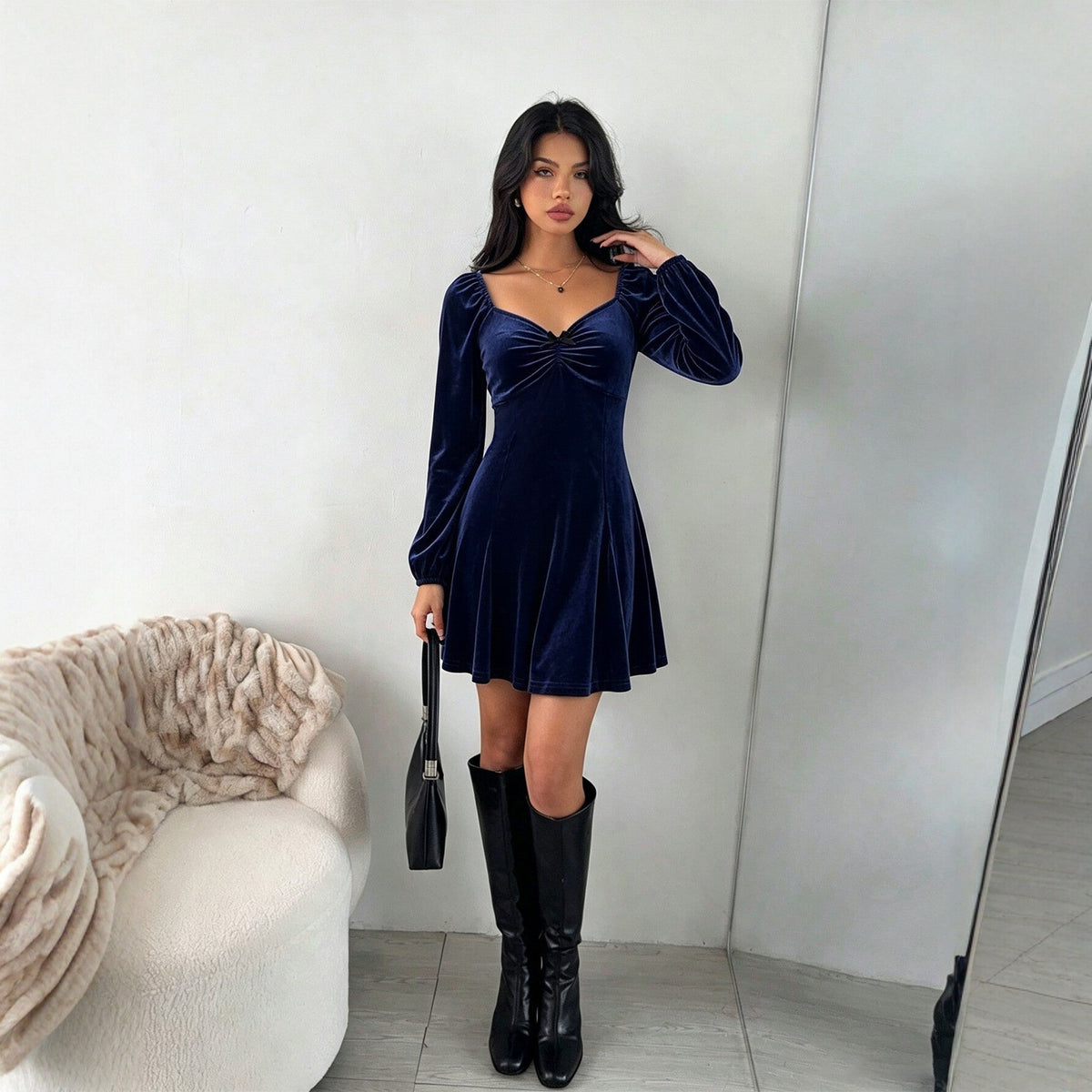V neck Velvet Women Autumn Winter Puff Sleeve Waist Slimming A line Dress DestGlow