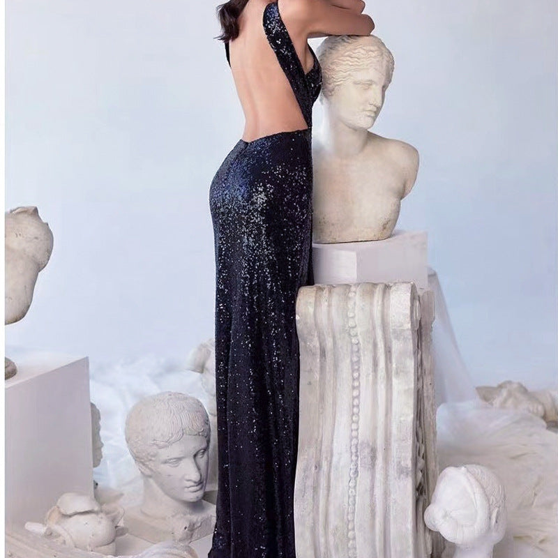 Summer Black Paillette Backless Sleeveless Hollow Out Cutout Sexy High Waist Slit Dress for Women by Ragazza