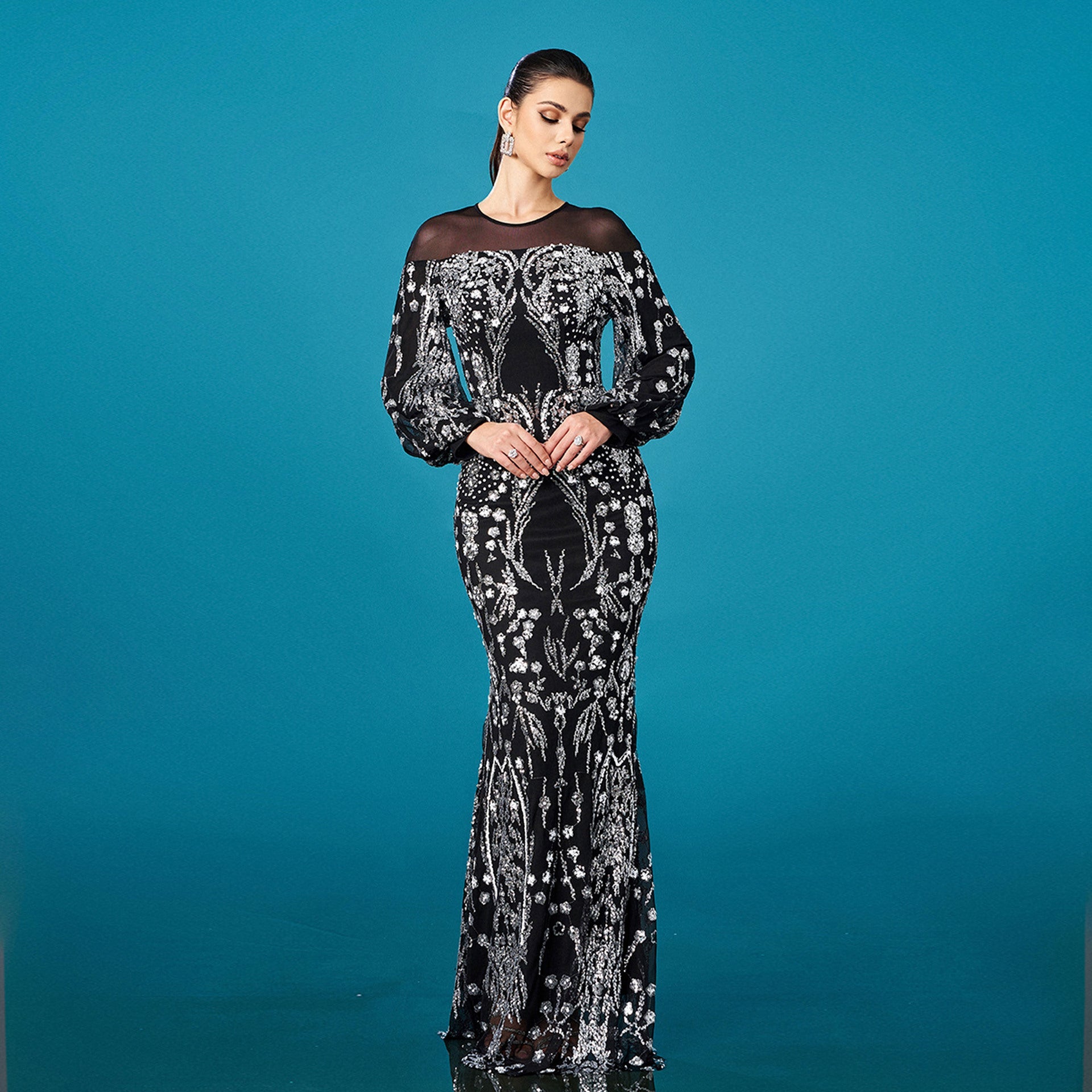 High Grade Long Sleeved round Neck Cocktail Sequined Sheath Fishtail Evening Dress Bridesmaid Dress by Ragazza
