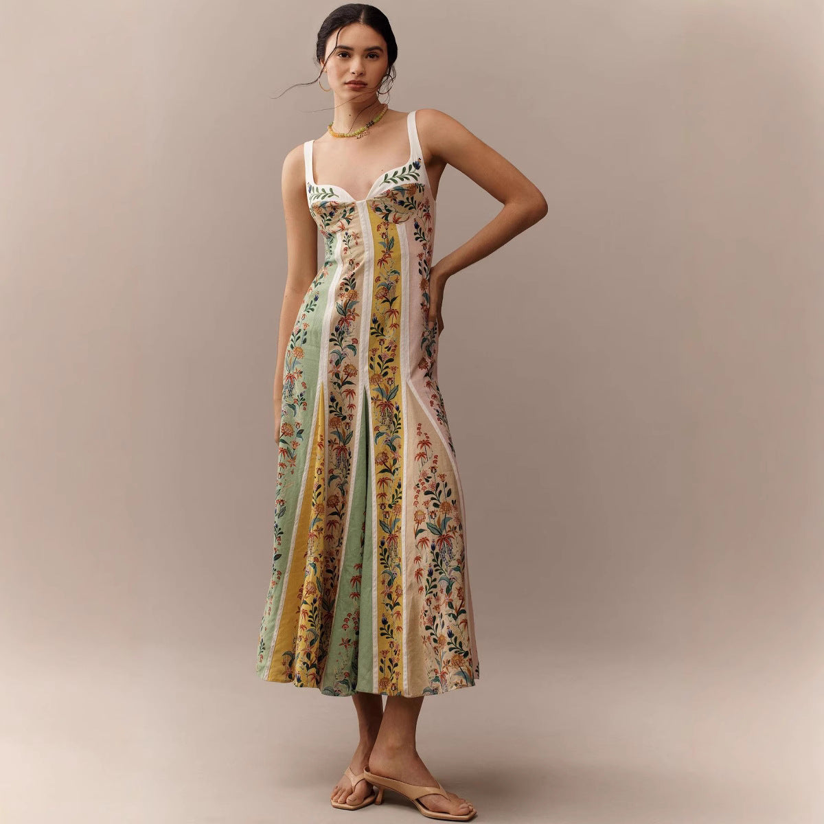 Spring Summer Suspender Positioning Linen Printing Dress Loose Vacation Dress by Ragazza