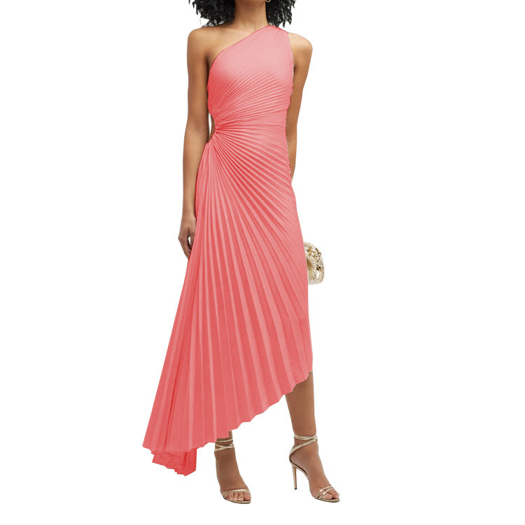 Women Clothing One Shoulder Pleated Color Light Color Series Irregular Asymmetric Dress DestGlow