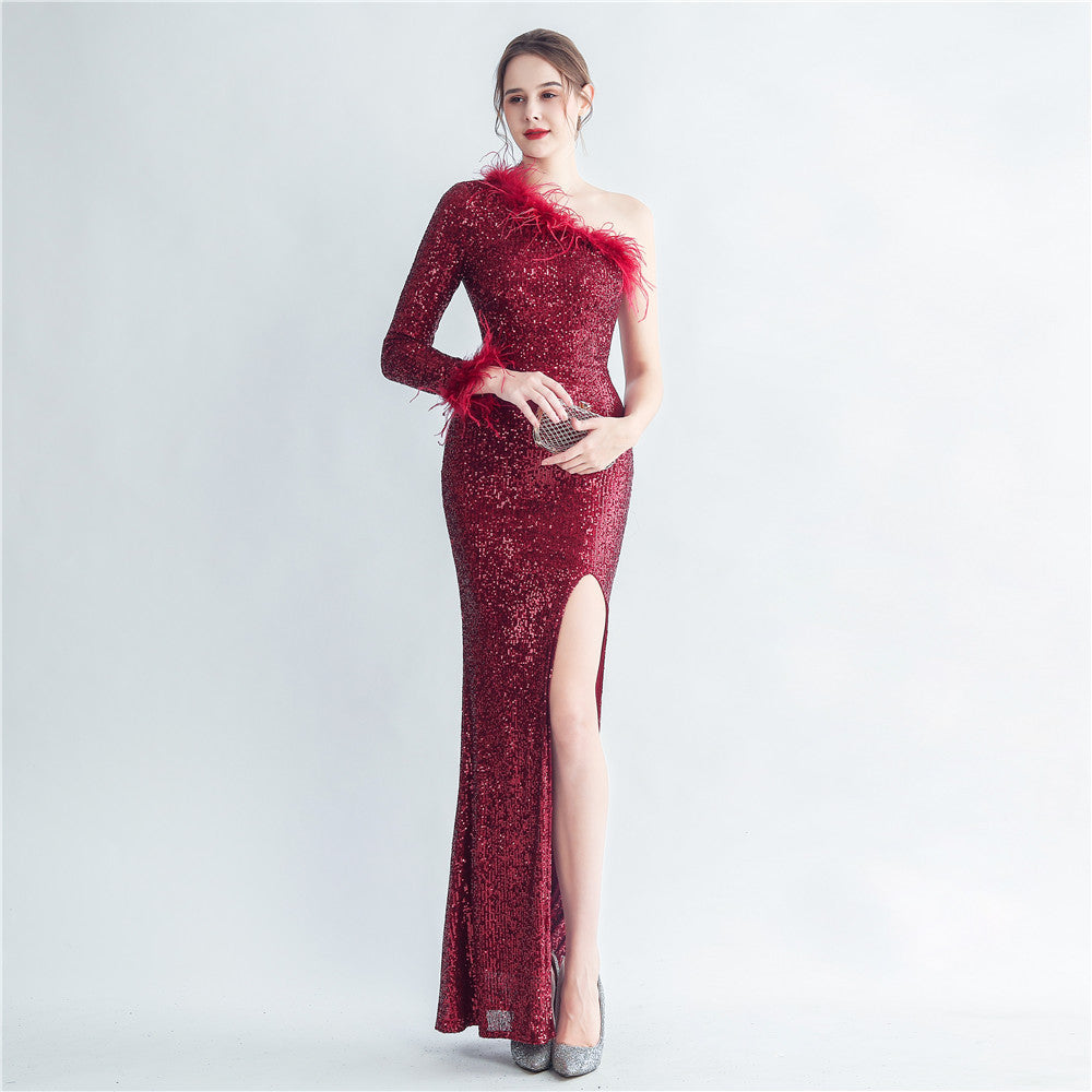 Craft Ostrich Feather Decorative Diagonal Shoulder Roman Collar Side Slit High End Evening Dress by Ragazza