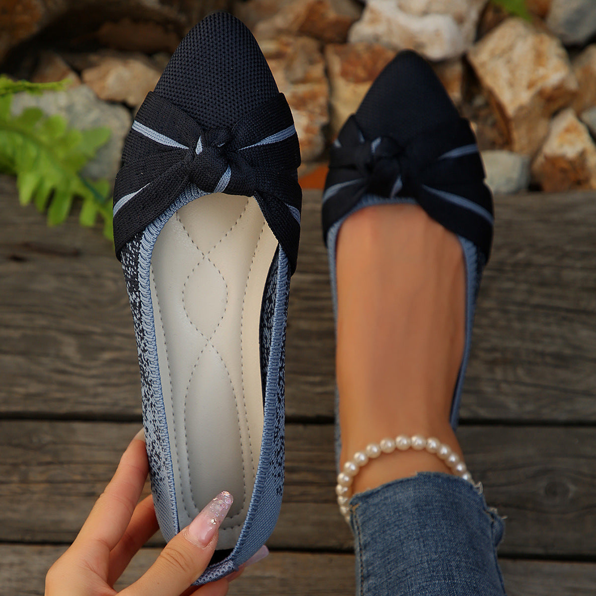Lightweight Flyknit Soft Bottom Gommino Women Spring Autumn Color Blocking Bow Shallow Mouth Pumps DestGlow
