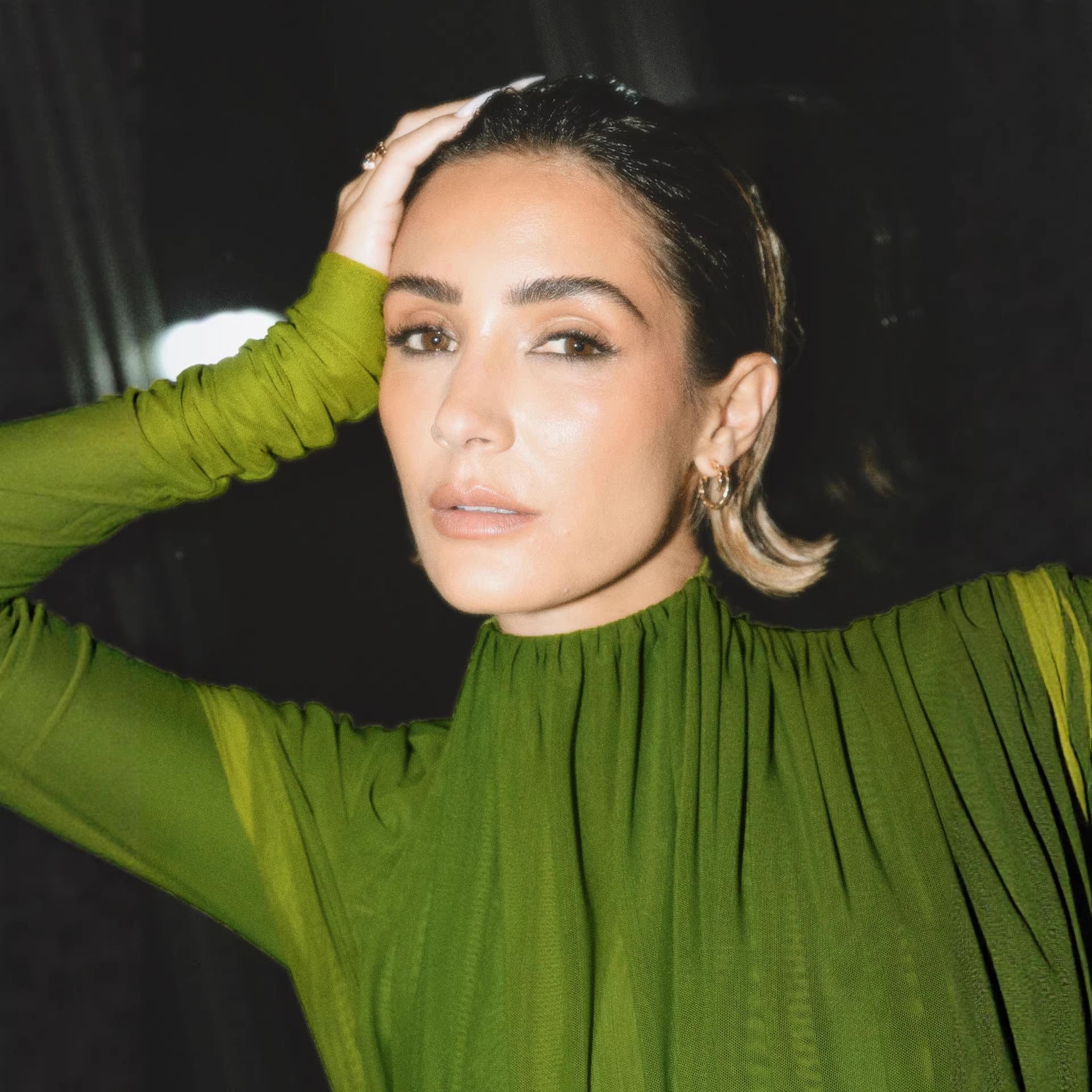 Dress Winter round Neck Green Pleated Long Sleeve DestGlow