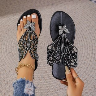 Rhinestone Butterfly Flat Sandals Women Outer Wear Bohemian Seaside Beach Slippers DestGlow