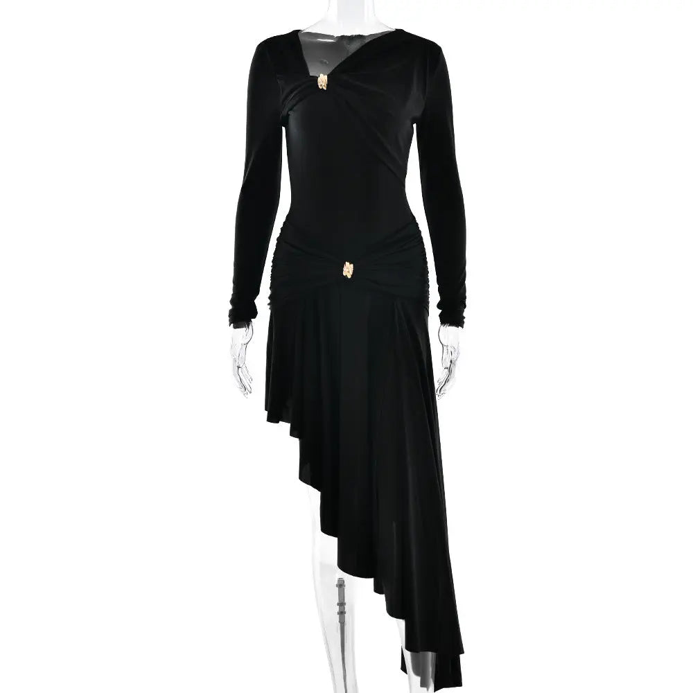 Autumn Winter Graceful Fashionable Women Slim Dress Sexy Pleated Irregular Asymmetric Maxi Dress