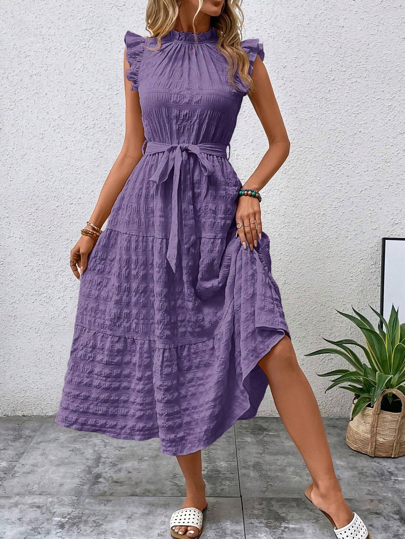 Women Clothing Summer Fashionable Stringy Selvedge Flying Sleeves Lace Up Texture Dress by Ragazza