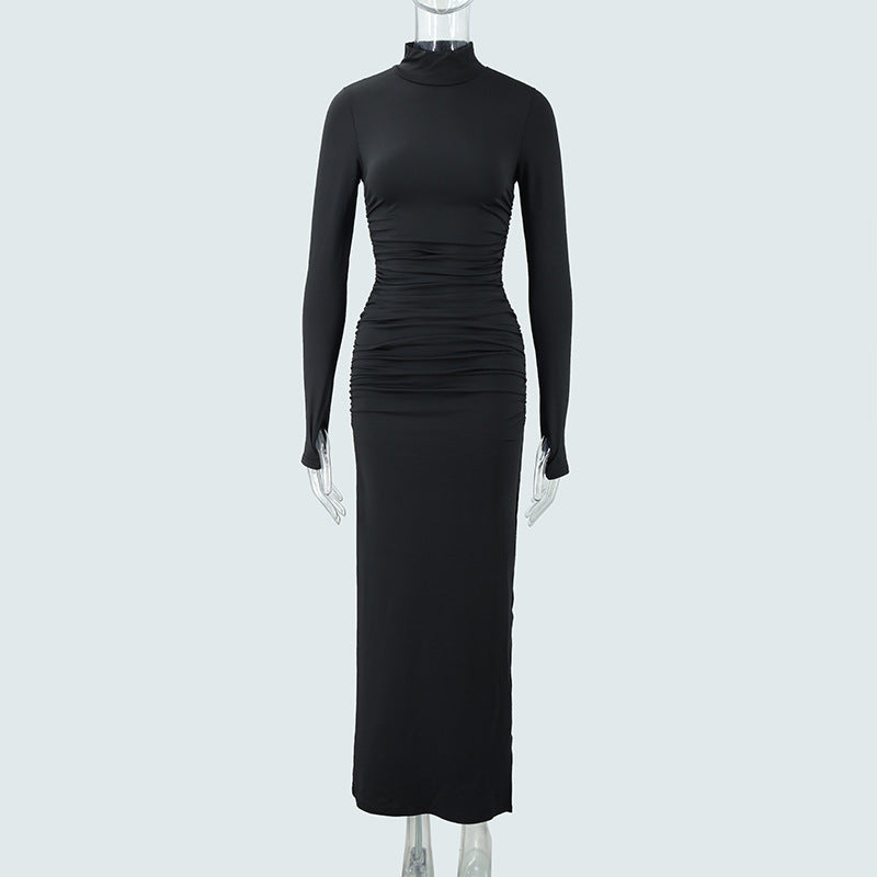 Autumn Stand Collar Long Sleeve Pleated Sexy Slit Hip Bag Dress Women by Ragazza