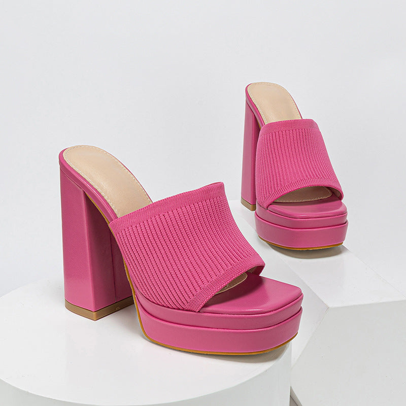 Women Shoes Popular Spring Summer Catwalk Platform Knitted Fashionable Chunky Heel Women High Heel Slippers DestGlow