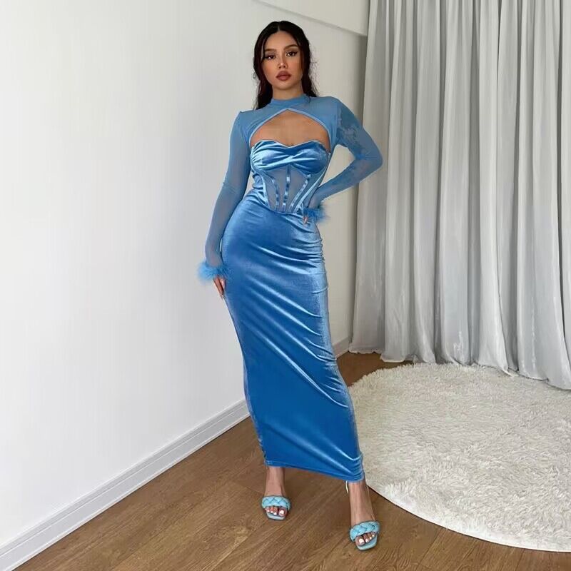 Fall Women Clothing Plush Mesh Stitching Night Club Hollow Out Cutout Dress Slim Fit Dress by Ragazza