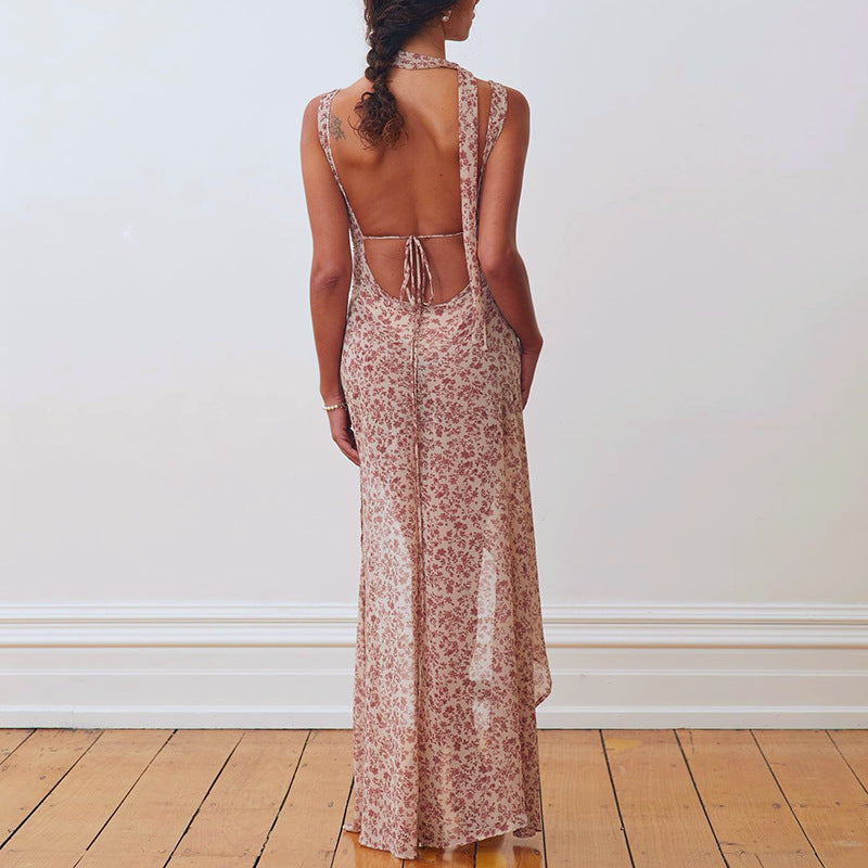 Summer Women Strap Floral Sexy Backless High Split Tied Dress Women by Ragazza