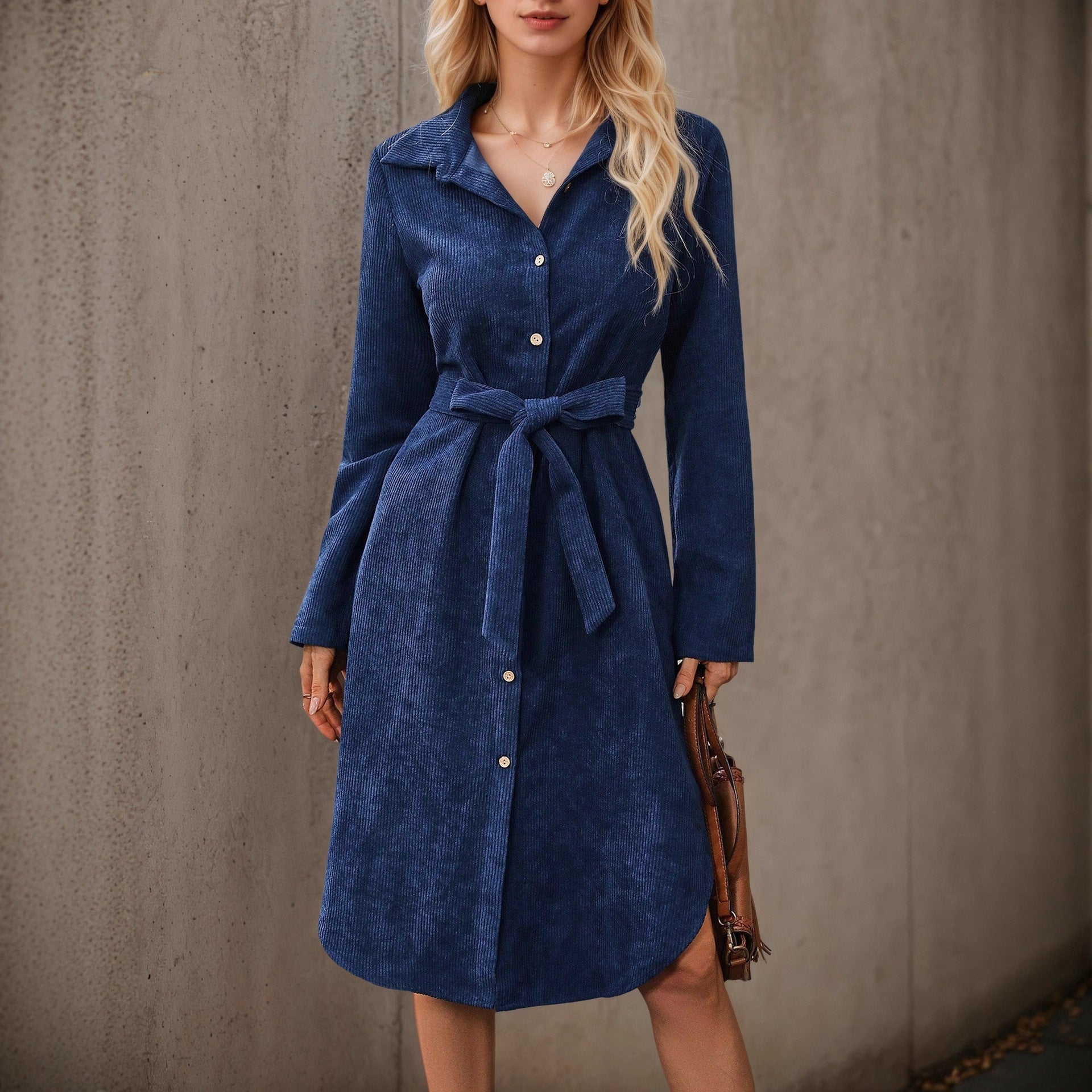 Autumn Winter Long Sleeves Corduroy Dress Front Cardigan Belt Irregular Asymmetric Shirt Dress by Ragazza