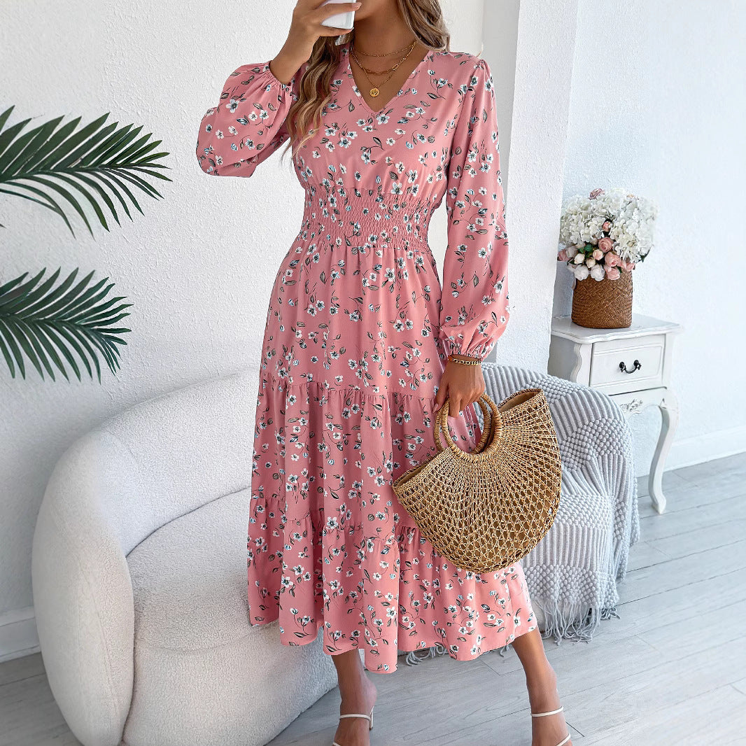 Autumn Winter Elegant Floral V neck Long Sleeve Waist Trimming Ruffles A line Women Clothing by Ragazza