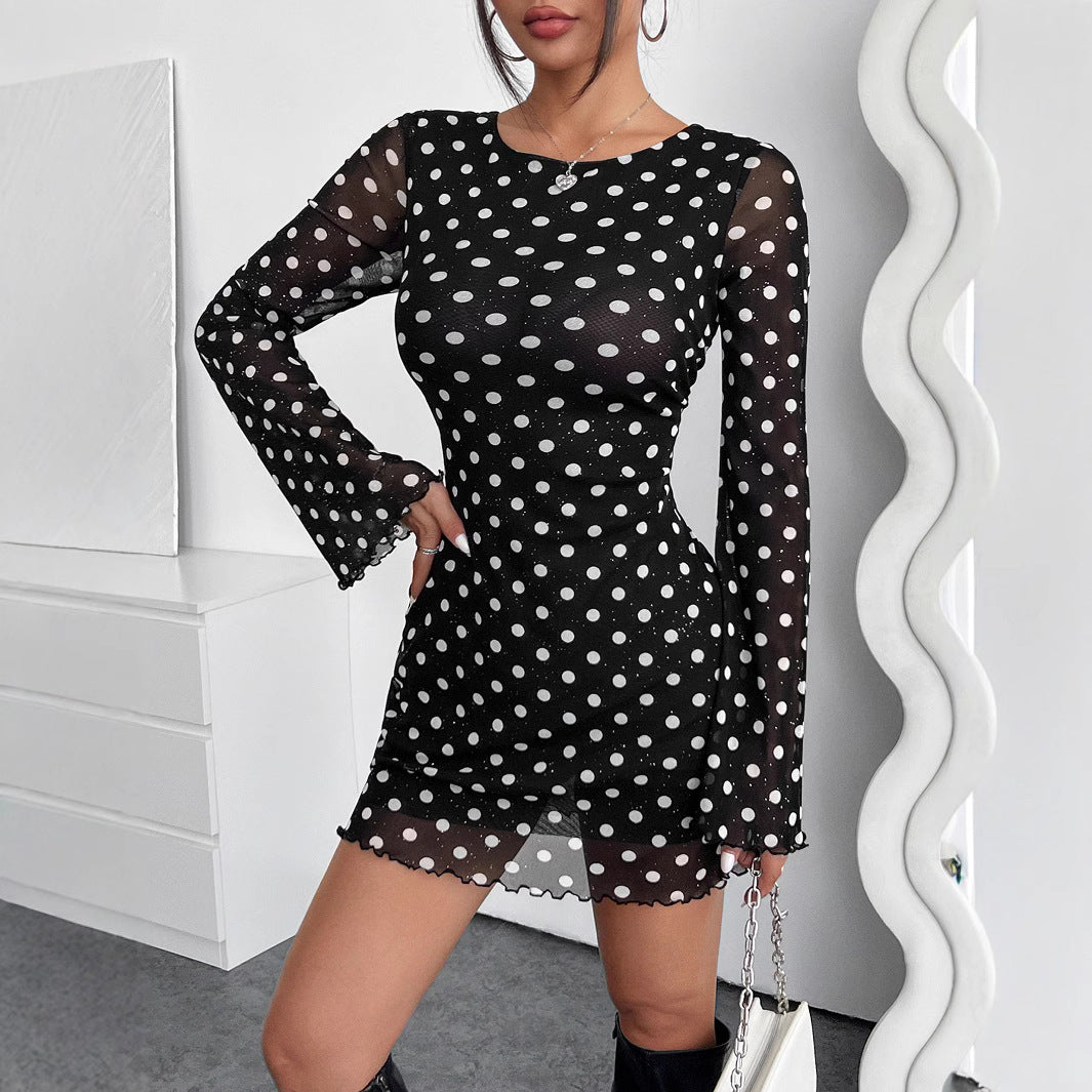Elegant Mesh Polka Dot Printed round Neck Backless Long Sleeves Dress by Ragazza