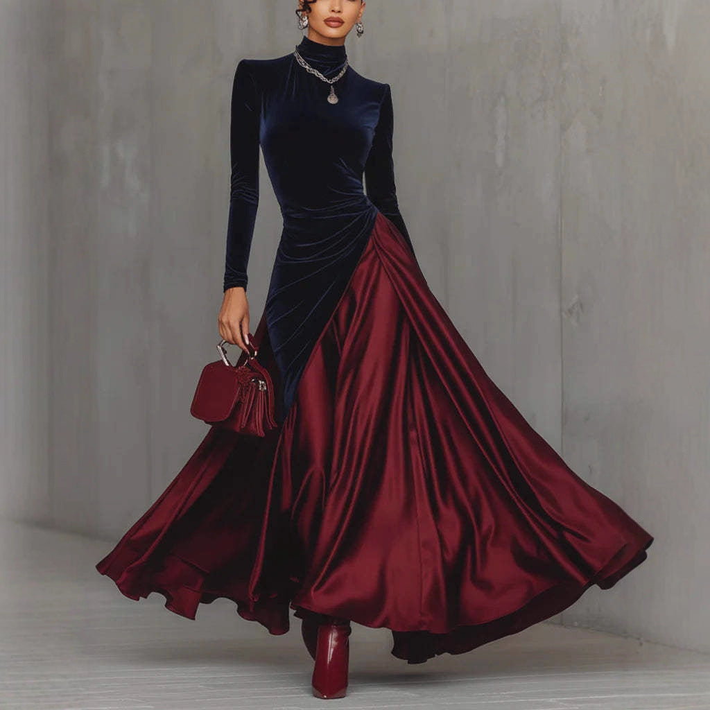 Spring Elegant Big Hem Umbrella Velvet Stitching Contrast Color Turtleneck Dress by Ragazza