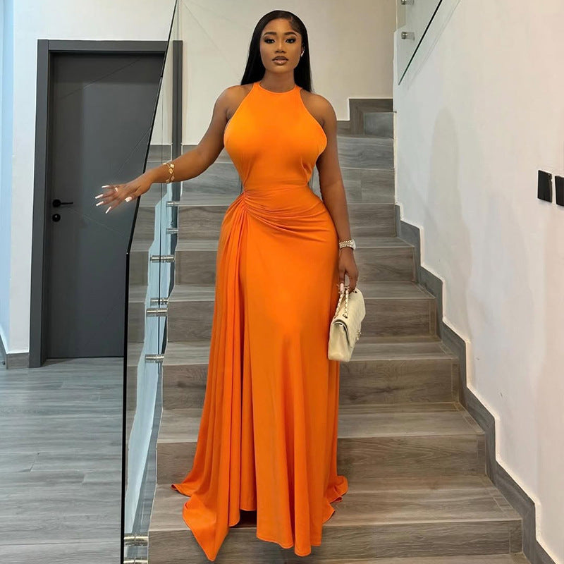 Women Clothing Fitted Waist Pleated Design Hip Dress Round Neck Sleeveless Dress by Ragazza