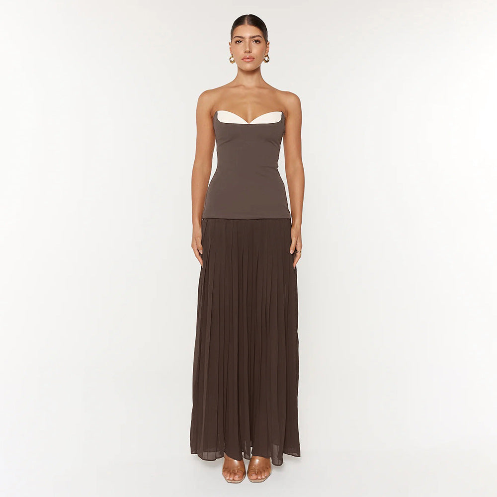 Fall Women Clothing French off Shoulder Ruffled White Coffee Color Matching Pleated Tube Top Dress by Ragazza