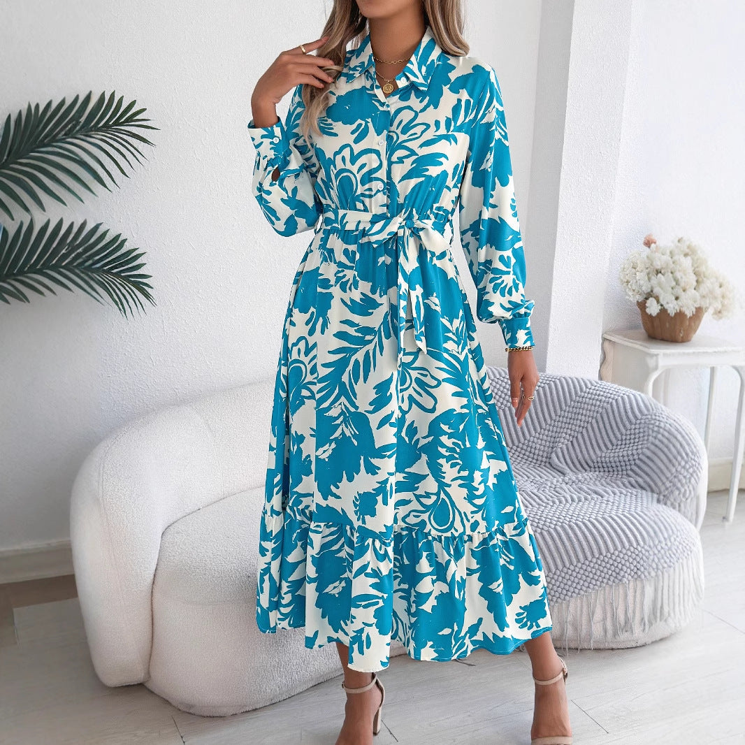 Spring Summer Casual Floral Long Sleeve Shirt Ruffled Maxi Dress Women Clothing DestGlow